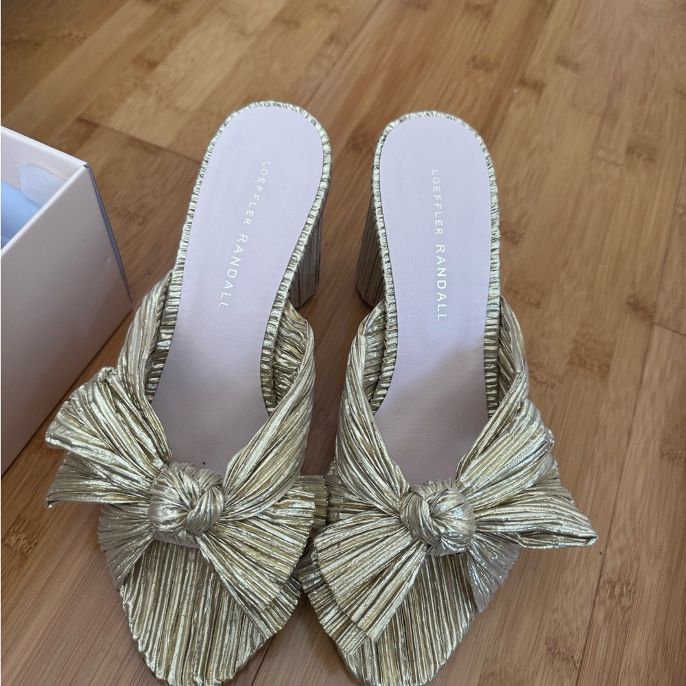 Loeffler Randall Gold Pleated Bow Mules